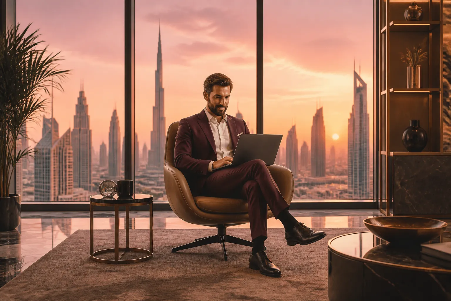 Commercial real estate professional reviewing AI-powered lead analytics in a modern office