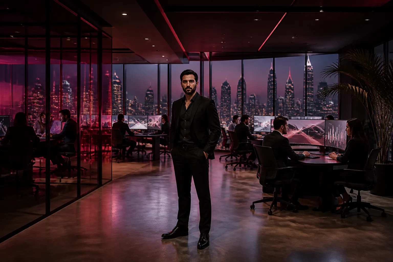 Commercial real estate agents reviewing AI automation analytics in a modern Dubai brokerage office