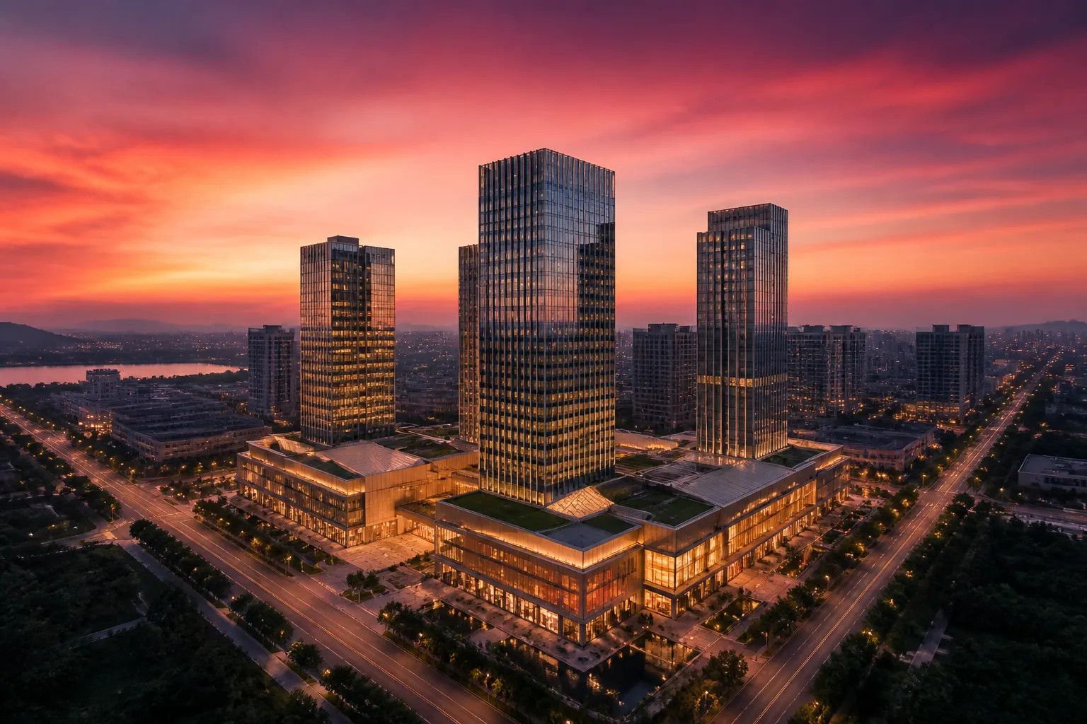 Modern commercial real estate district aerial view at dusk