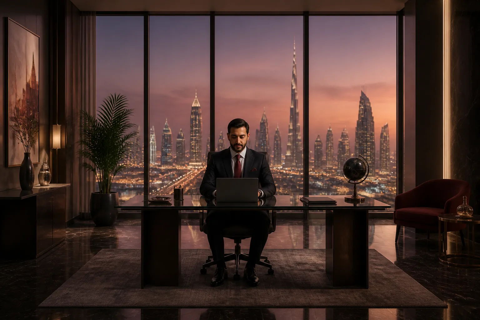 Commercial real estate AI strategist reviewing automation results in a modern Dubai office